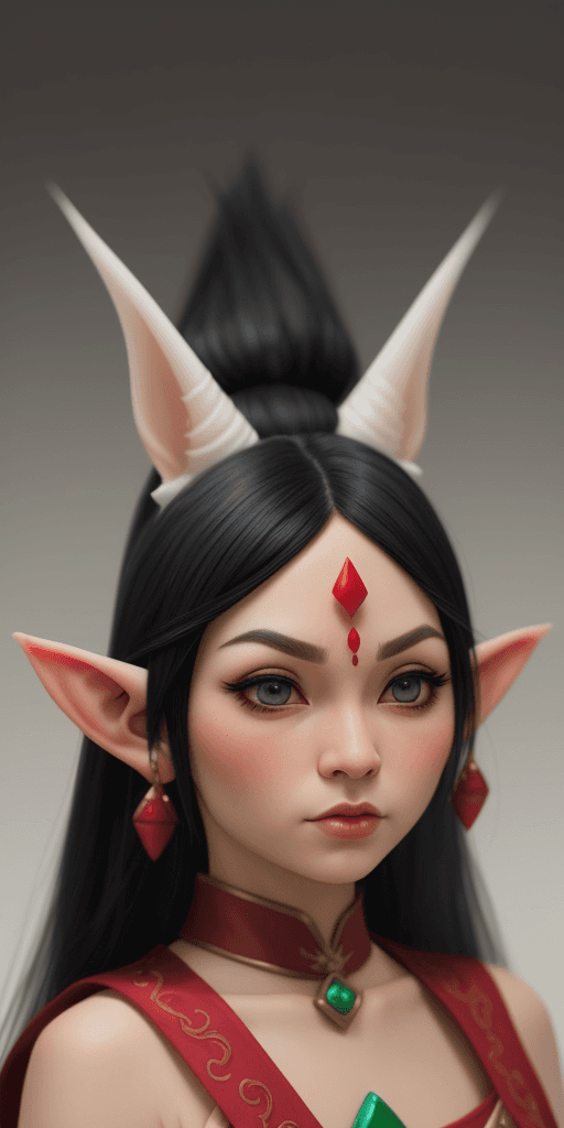 AI generated: PastelGothAI, elf, pointy ears, black hair with red strands