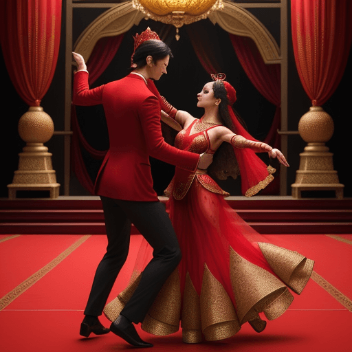 AI generated: the actors are dressed in red suits and are dancing with a lotus, in the style of cinematic stills, ...