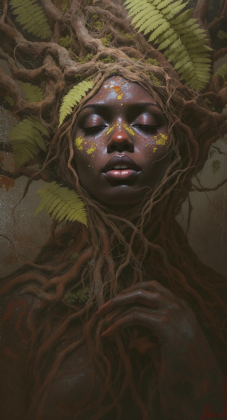 AI generated: Highly stylized, Tomasz Alen Kopera painting that blends human and natural elements, creating a powe...