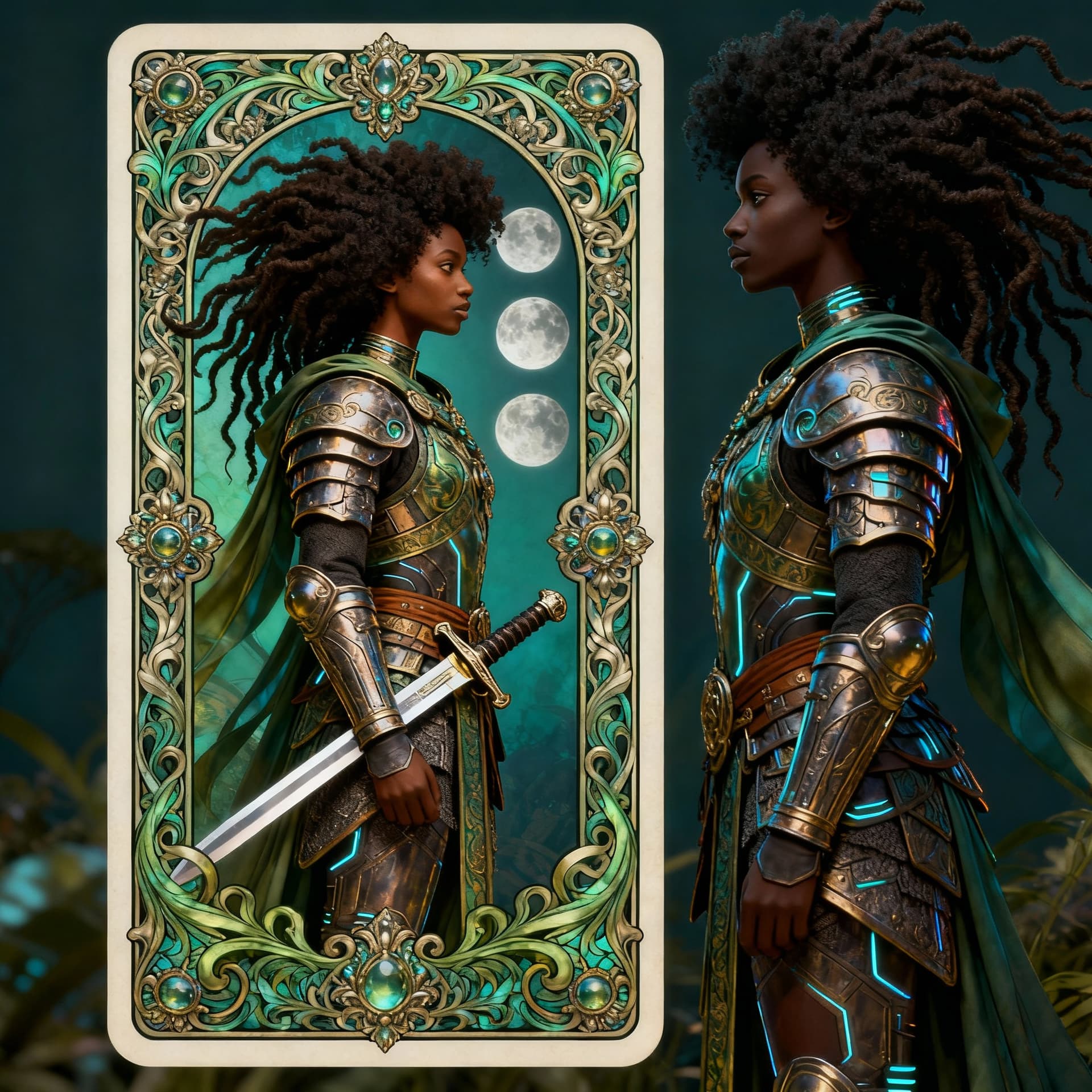 AI generated:  tarot card with intricate detailed frame around the outside |side profile of  head with flowing Afr...