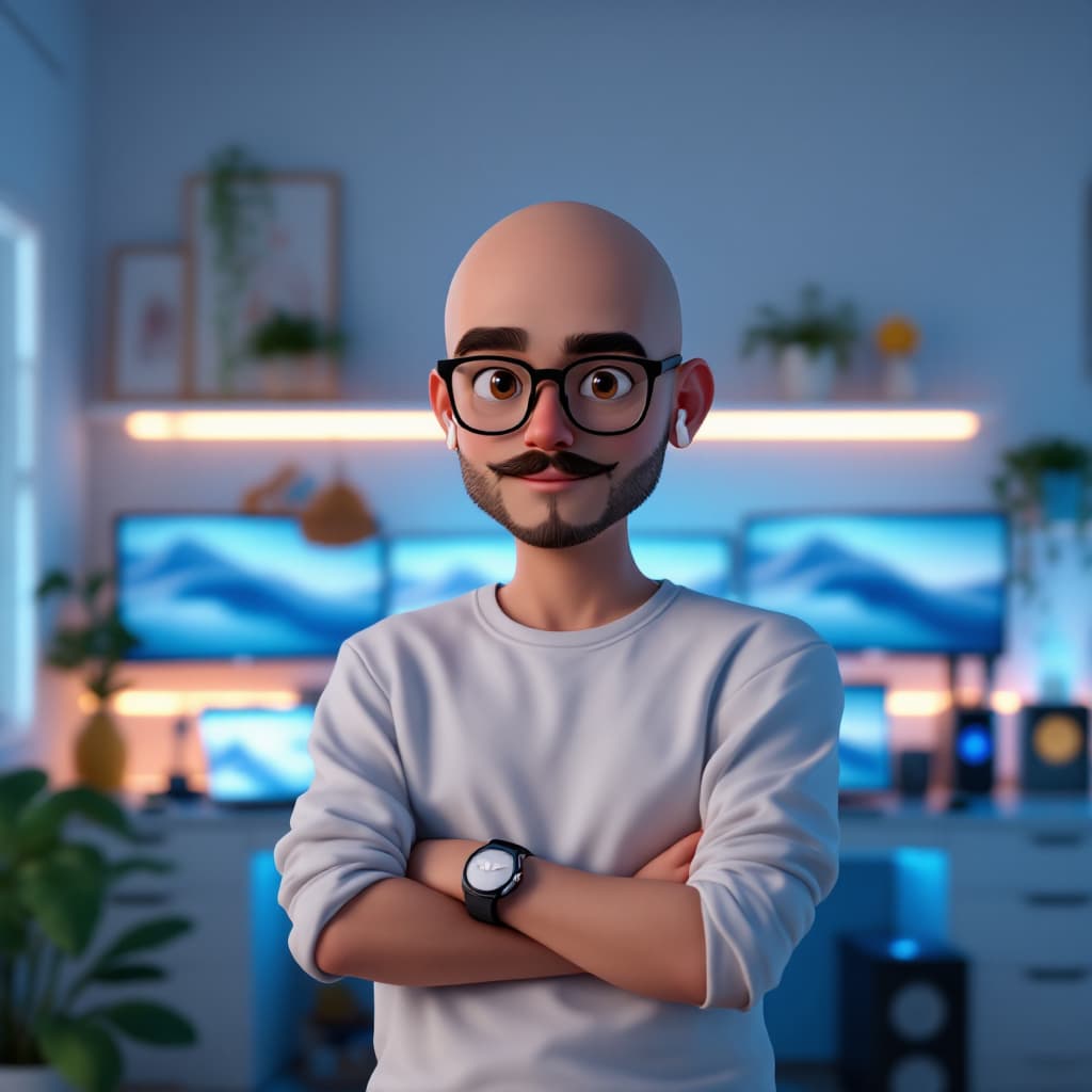 AI generated: Create a semi-realistic male avatar with light skin, a large build, bald head (Buzz Cut hair), a mus...