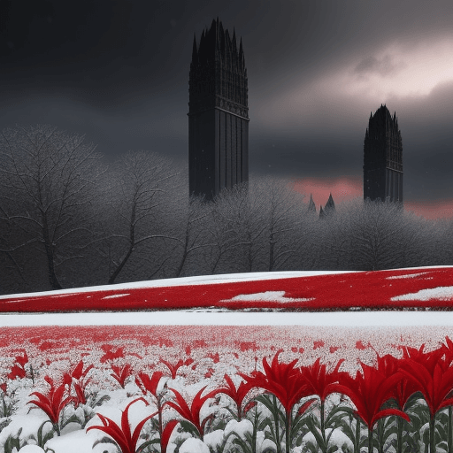 AI generated: Snow scenery, red flowers lilies, Two black towers in the horizon, dark sky, clouds, snowing