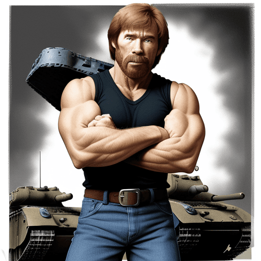 AI generated: Chuck Norris carrying a tank on his right hand 