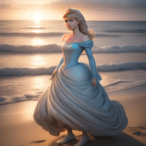 AI generated: Photo of a ultra realistic disney princess cinderella maden of sand on the beach, dramatic light, pa...