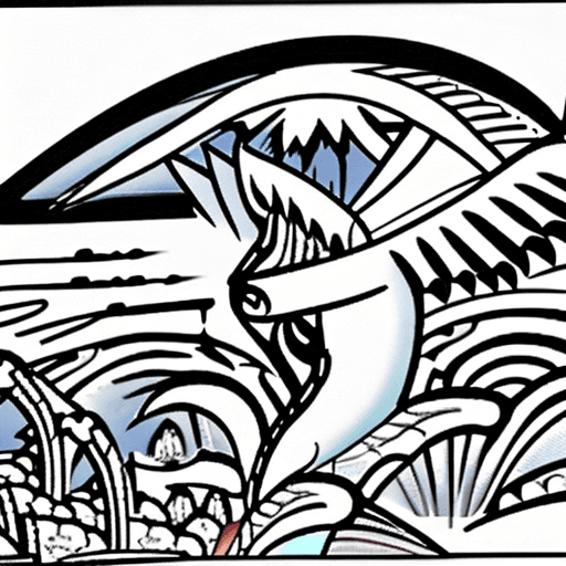 AI generated: a coloring book page of a dragon flying over moutains.