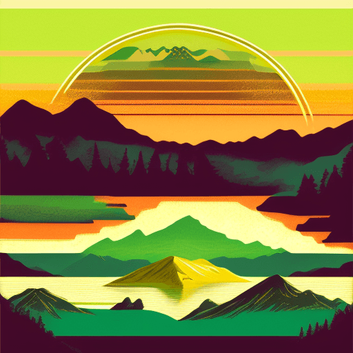 AI generated: Retro Sunset, Mountain Lake scene, green, gold, illustration, inspired by James Jean