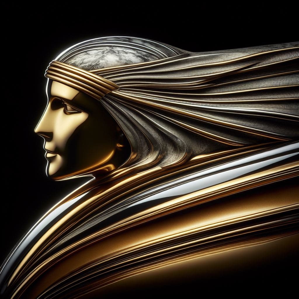 AI generated: 1930s car-hood ornament in the style of Streamline Moderne, made of chrome, professional studio phot...