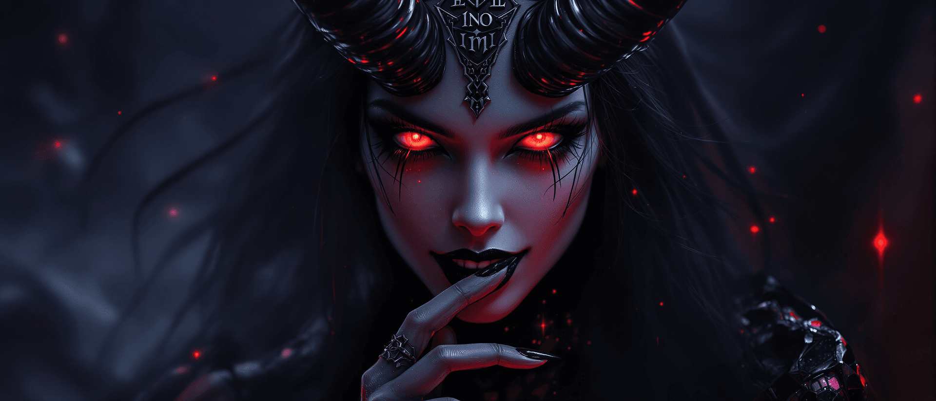 AI generated: A full-cace Coverart art of A seductive female demon queen in a dramatic close-up portrait, reminisc...