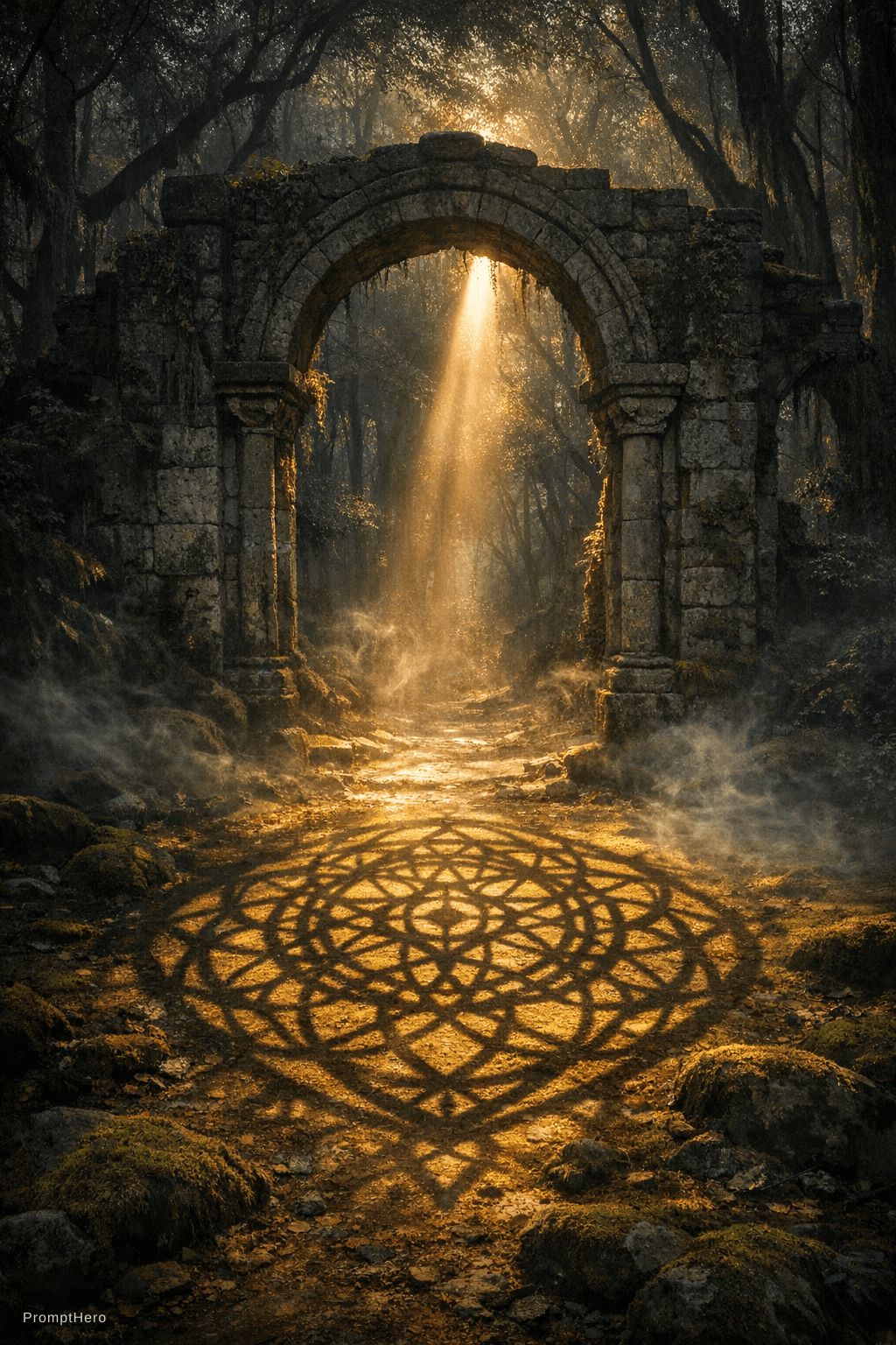 AI generated: Ancient stone archway in deep forest at dawn, single shaft of warm light breaking through canopy, ca...