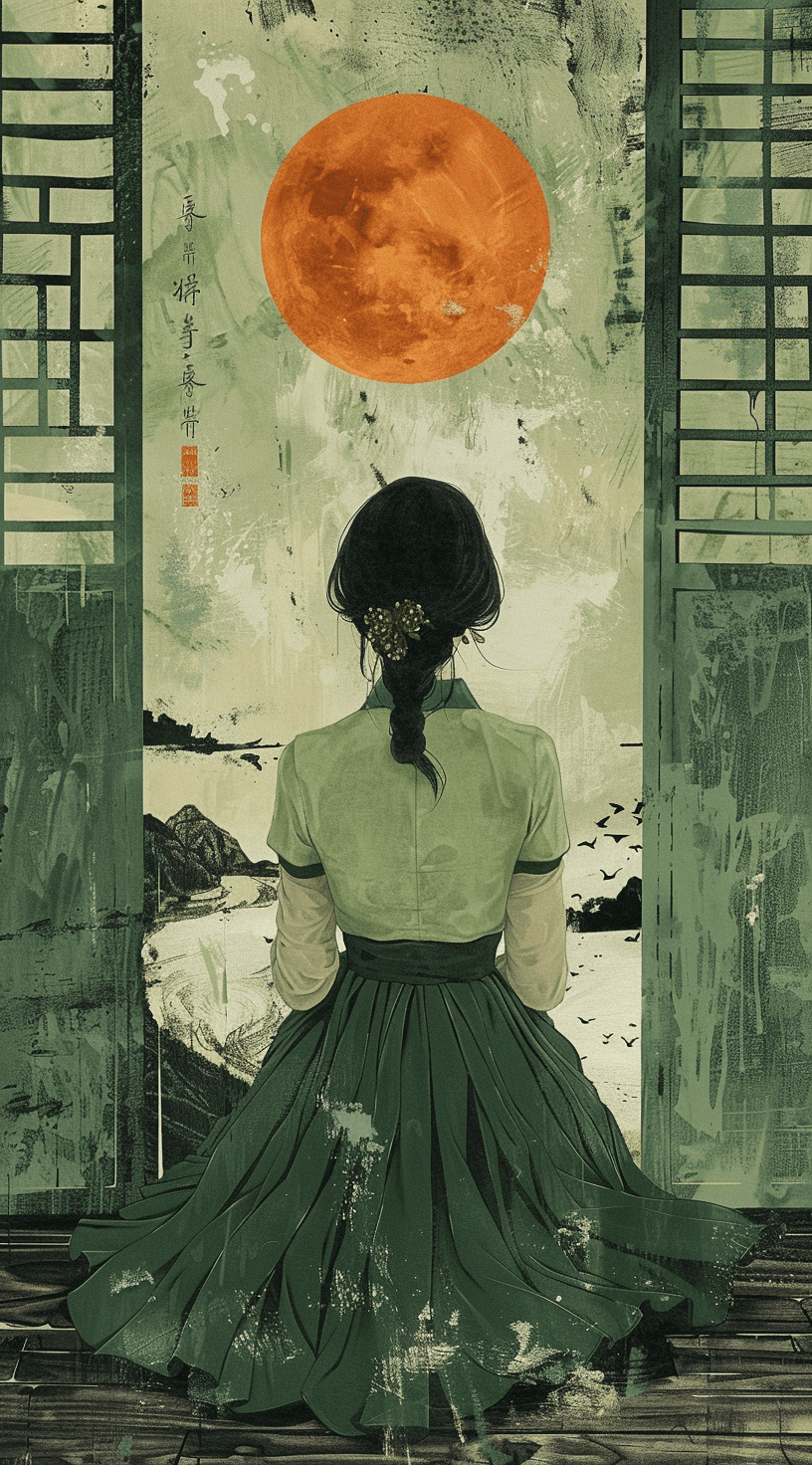 AI generated: art print, woman, chinese, in the style of charming anime characters, serene mood, xu beihong, jon j...