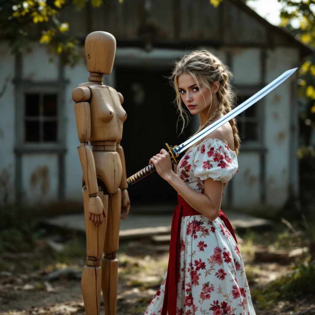 AI generated: full body view of A very beautiful minute blonde woman with braids, flowery dress that leaves the sh...