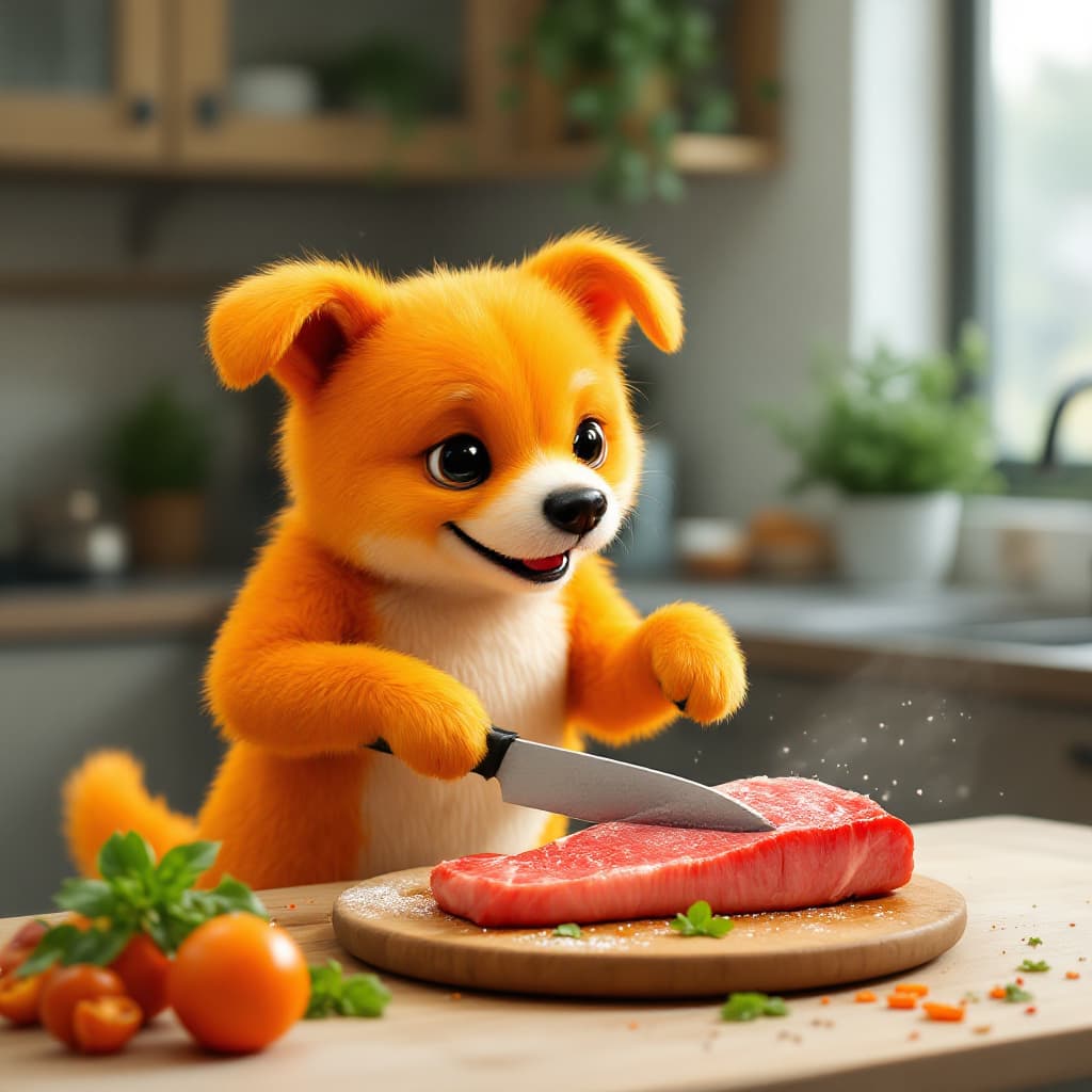 AI generated: Orange lazy cute dog fish is cutting a steak in the kitchen.r