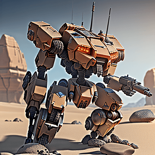 AI generated: a mechwarrior crab head,electronics,details ,concept,in desert with rocks and stones,machinegun in r...