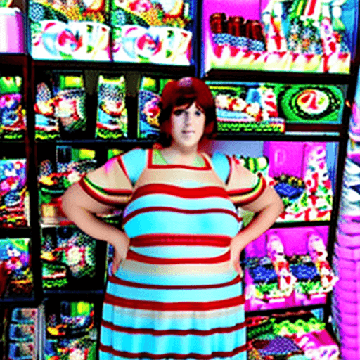 AI generated: A Teenager standing in a Candy Shop with an huge hyperpregnant belly, wearing a wide dress, huge bre...