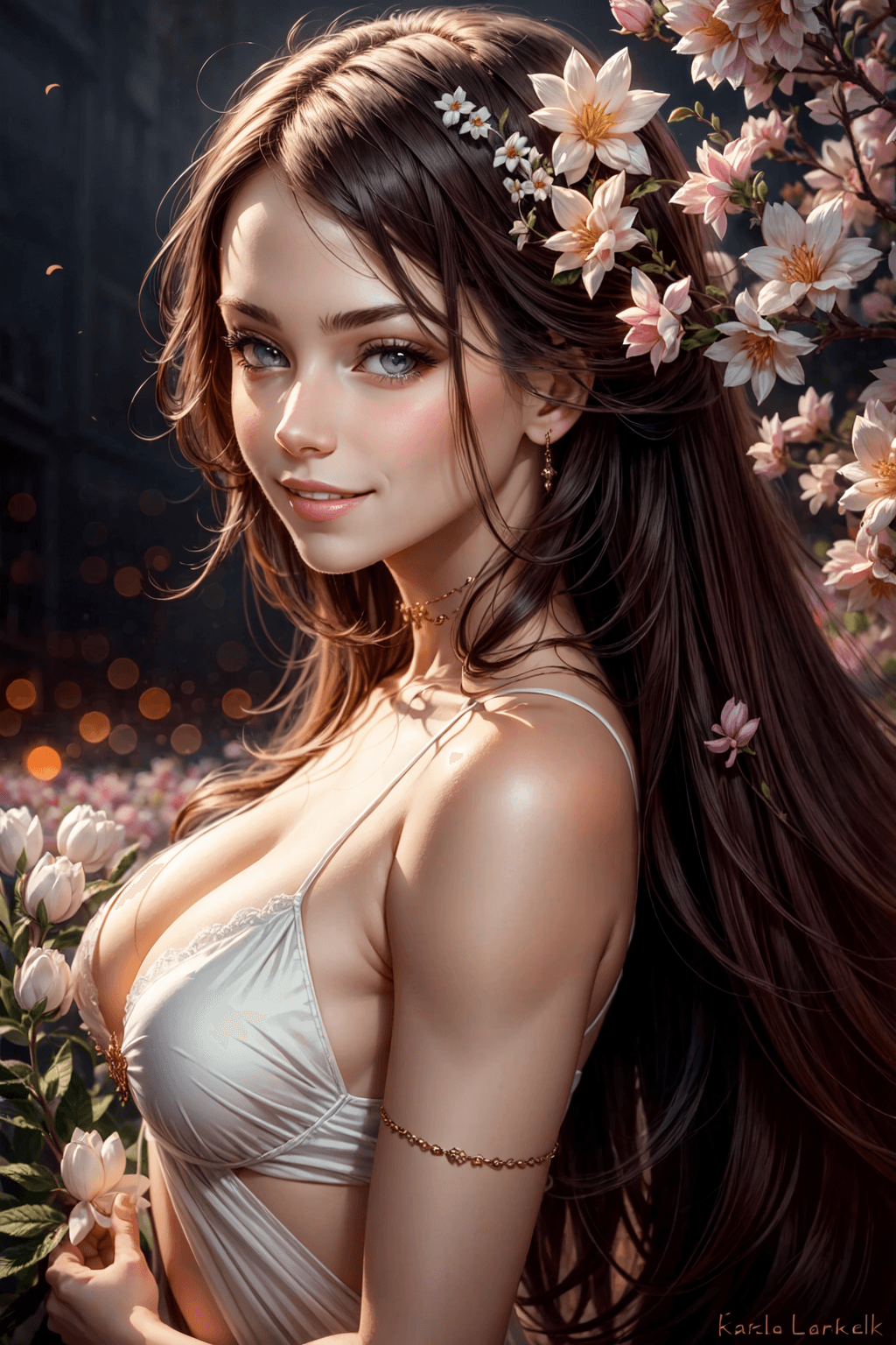 AI generated: Beautiful Woman with a smile appears from colorful flowers, cinematic lighting, photo realistic, by ...