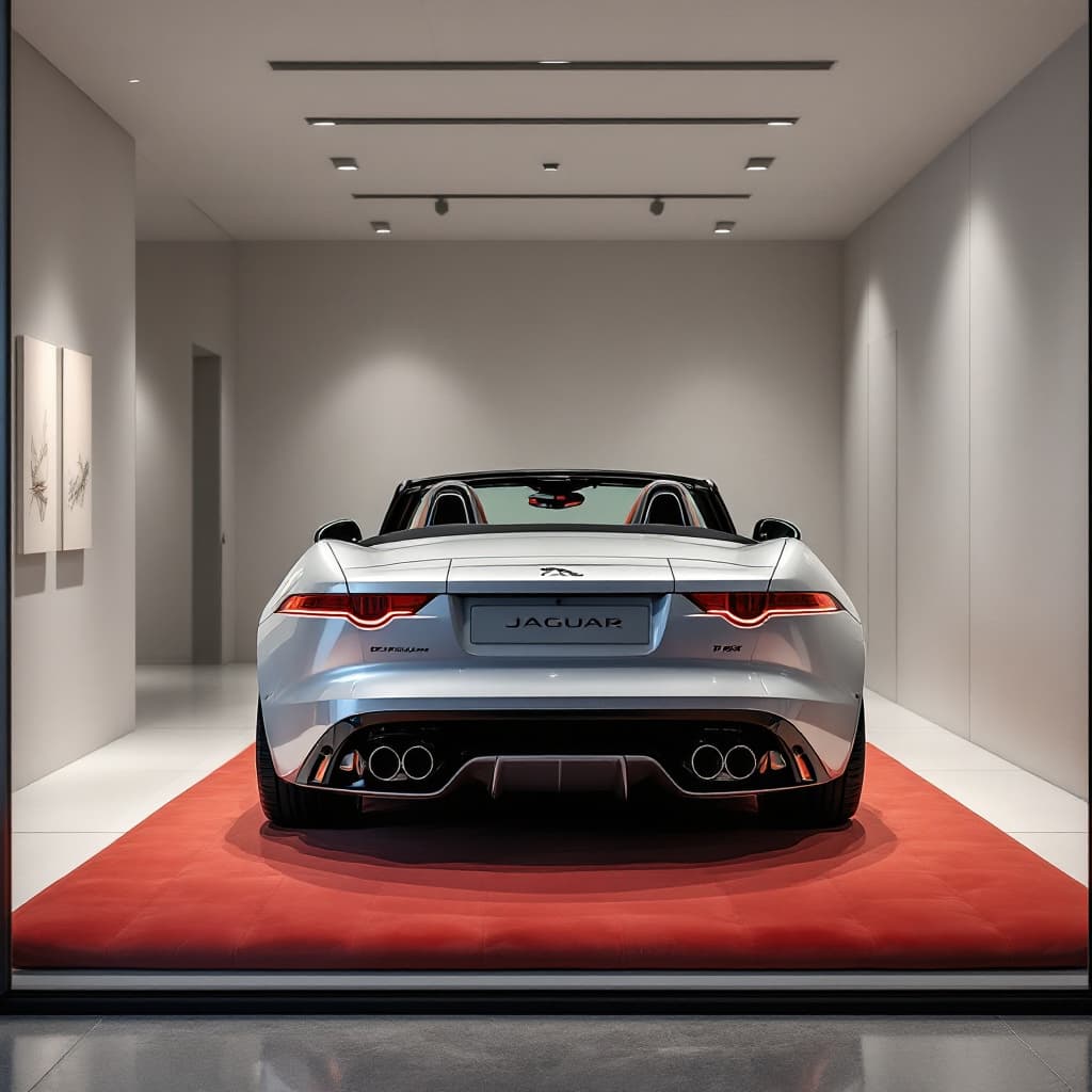 AI generated: Photography, front view, focus on a shop window, model of a silver Jaguar F-Type convertible, seen f...