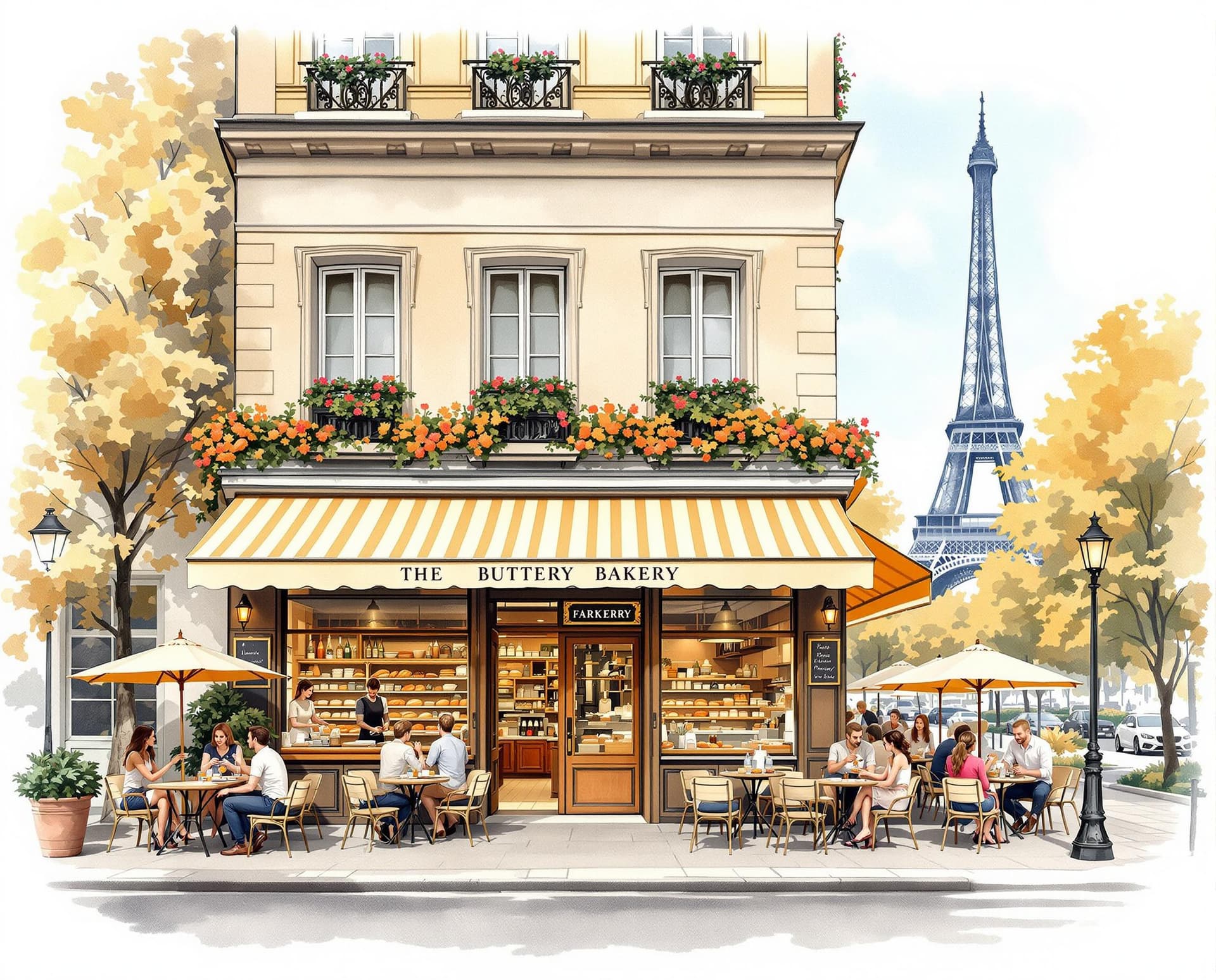 AI generated: The Buttery Bakery as if it’s being in paris, you can draw a watercolor of the bakery and add Eiffel...