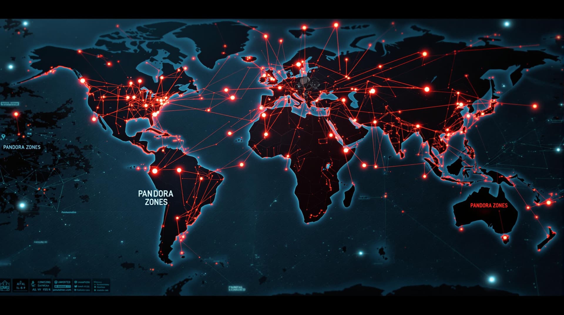 AI generated: Redacted world map with 'PANDORA ZONES' marked in blood, pins connected by glowing threads, robotic ...