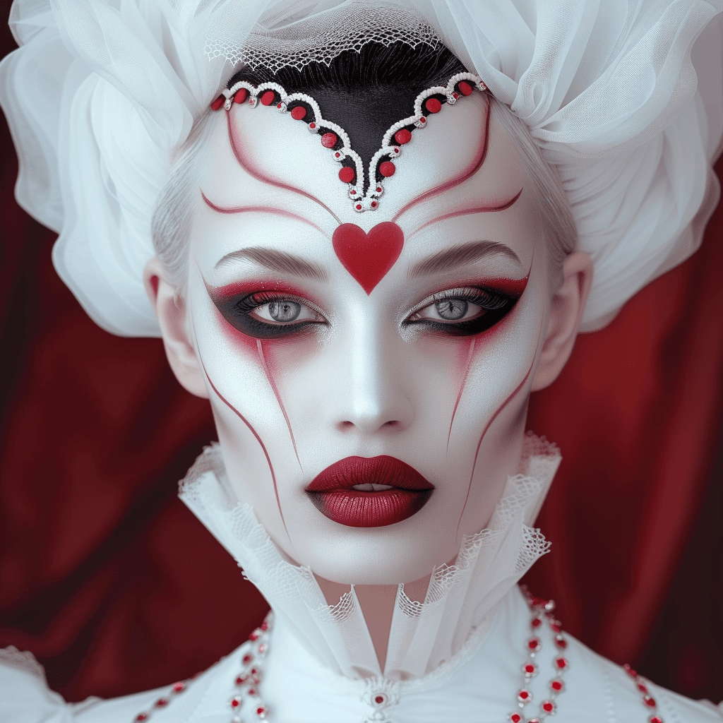 AI generated: https://s.mj.run/0WSFxbSZP5s a woman with make up in the shape of hearts, white black and pink, intr...