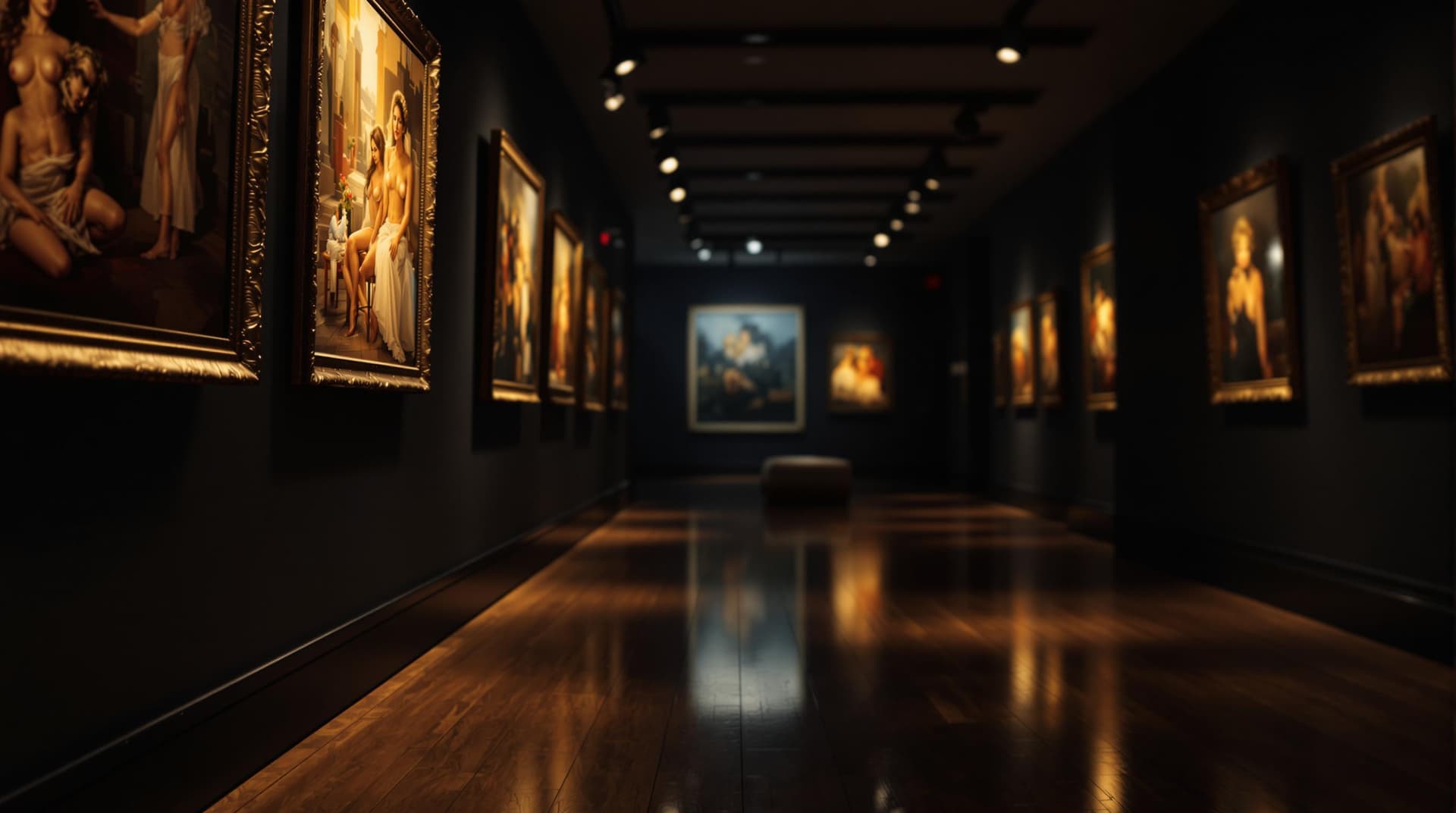 AI generated: "A cinematic frame of a dimly lit art gallery with soft spotlights illuminating rows of paintings on...