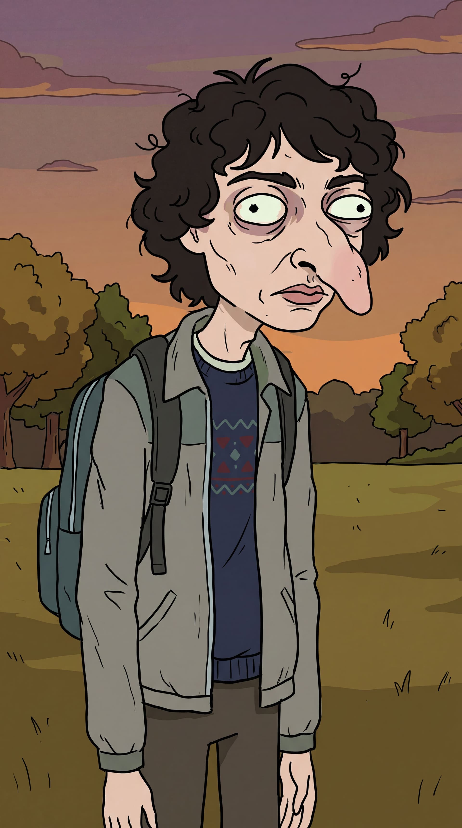 AI generated: Generate full-body cartoon characters Stranger Things Mike Wheeler in the iconic Rick and Morty anim...