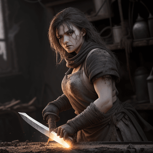 AI generated: High resolution photography, strong female blacksmith, , forging a sword, skin from chaos, dark atmo...