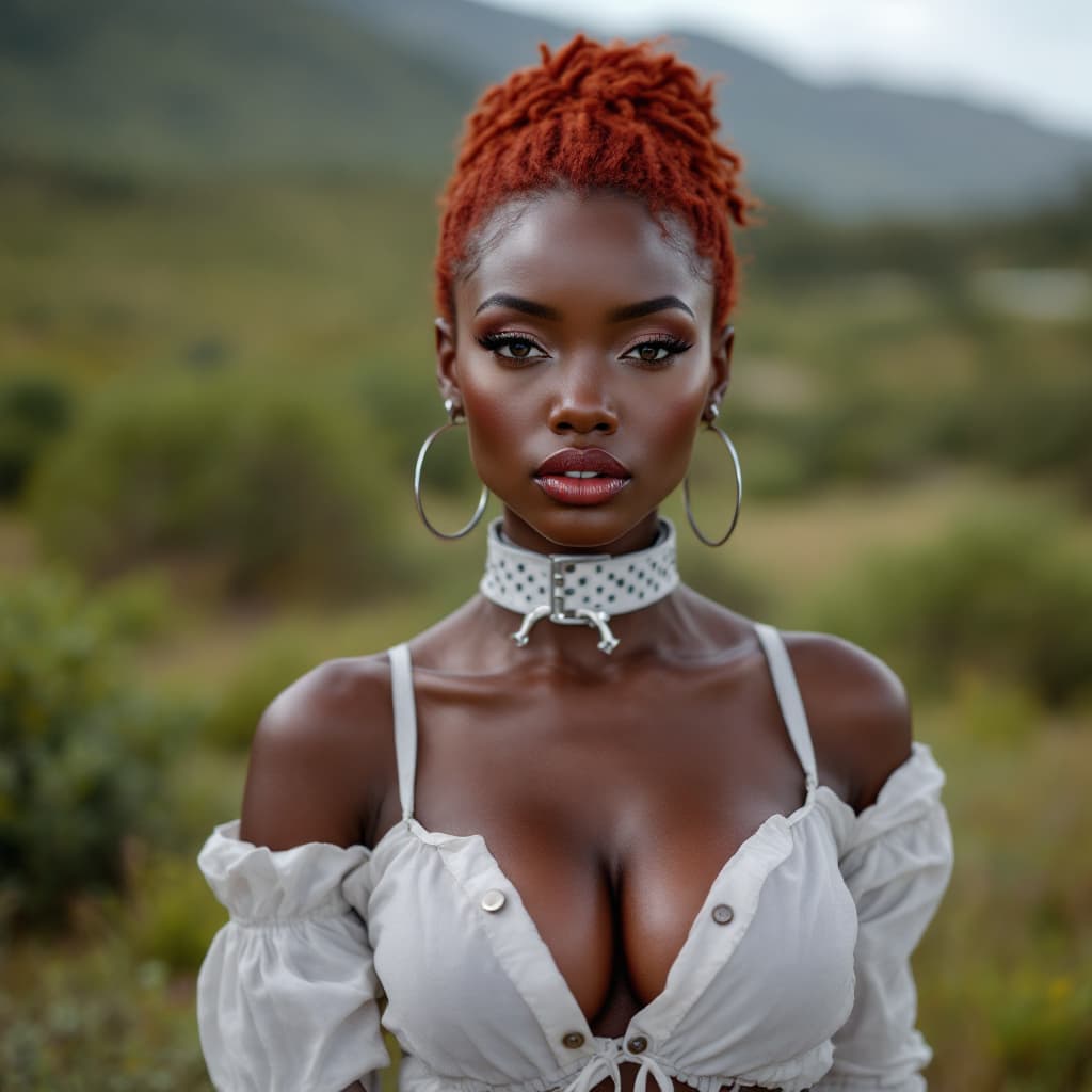 AI generated: RAW photo, a beatiful black african woman looking at the camera, red hairs, full body, landscape, do...