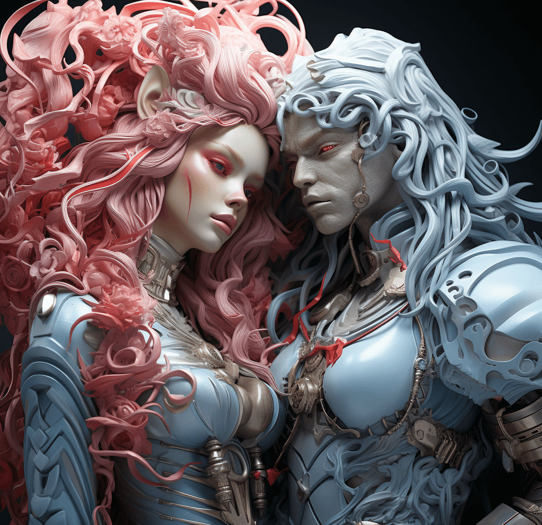 AI generated: an illustration of a couple and two wolves, in the style of futuristic cyberpunk, baroque-inspired s...