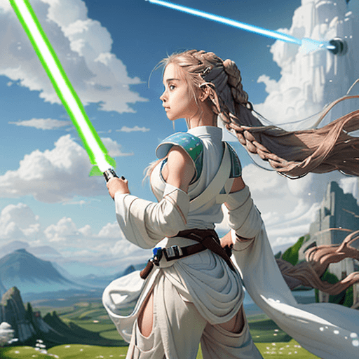 AI generated: A young female Jedi Padawan, dressed in a traditional white Jedi tunic and pants, training on the sa...
