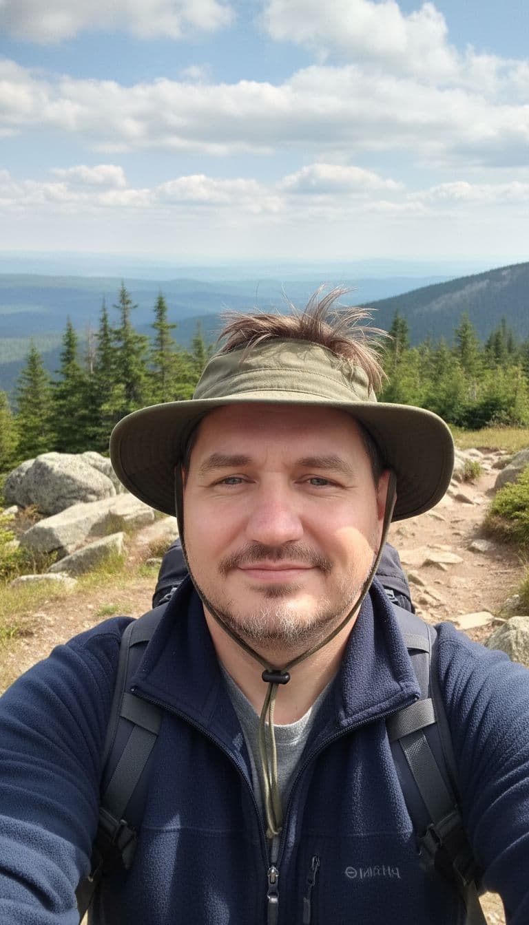 AI generated: use photo attaced , make amatour selfie in hiking