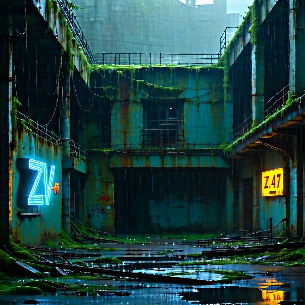 AI generated: “Abandoned factory in Chernobyl Zone, overgrown with moss and cables, glowing neon signs of ZV-47 fa...