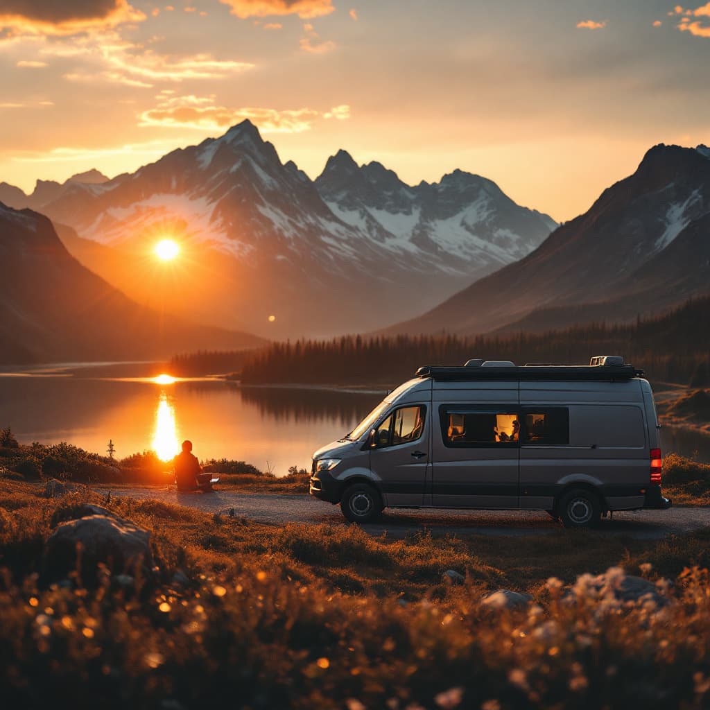 AI generated: A scenic van parked near a mountain lake at sunset, with a solo traveler enjoying the view, laptop i...