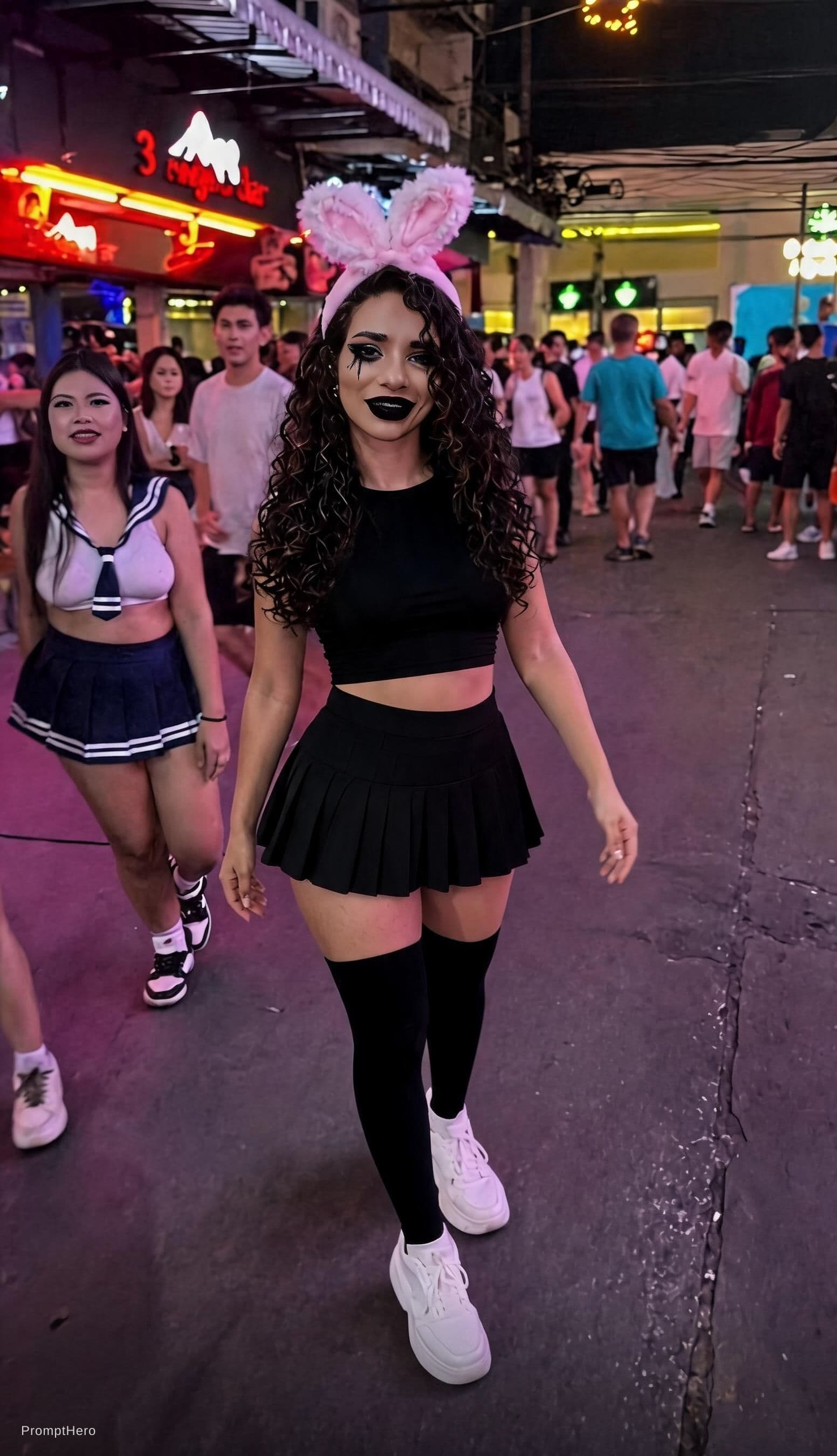 AI generated: asian\maxican goth girl in overnknee socks black ballet skirt, minimalistic crop top