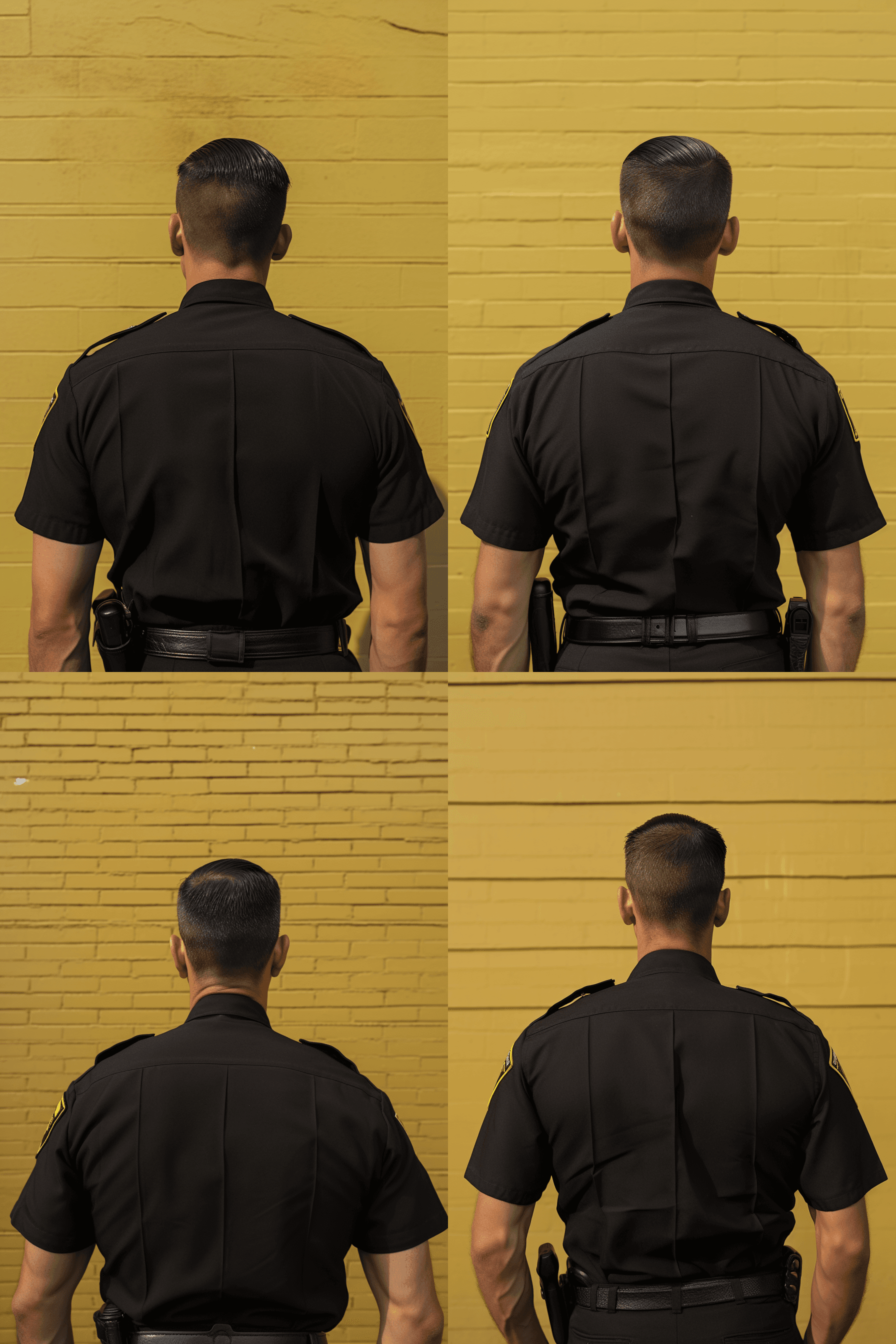 AI generated: A photo of the backside and head profile view of an American police officer wearing his uniform with...