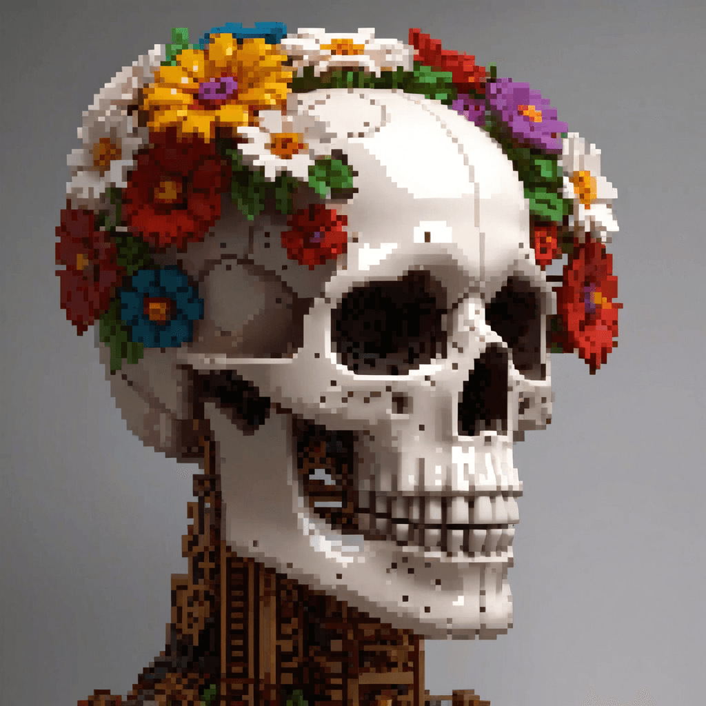 AI generated: Radiation glowing side profile of glossy white porcelain android skull with multicoloured flowers gr...