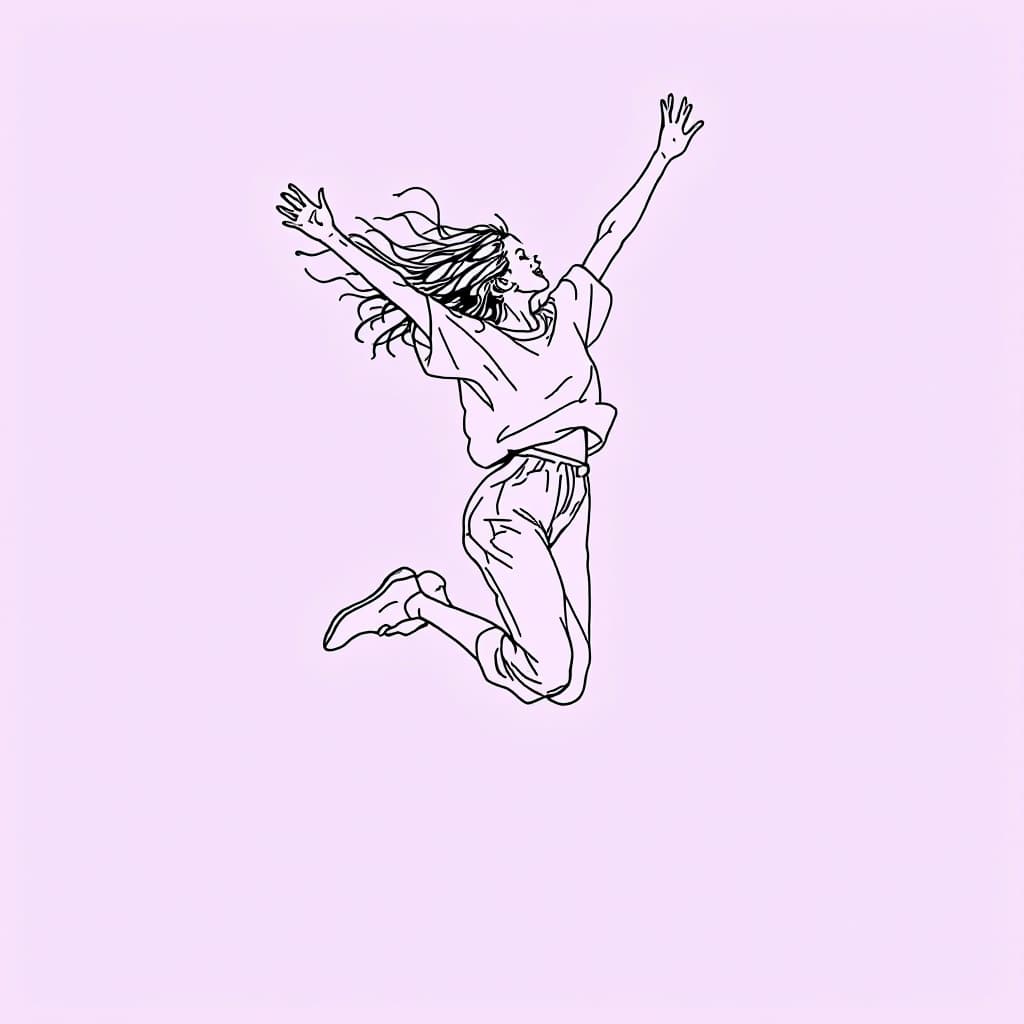 AI generated: minimalist line art drawing of a girl leaping joyfully, sketched in continuous black lines against a...