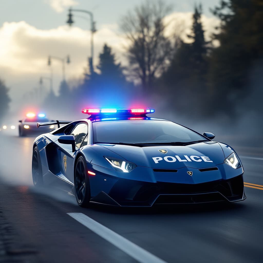 AI generated: a Lamborghini police car,on the street, chaseing other sport car,lighting warning signal,