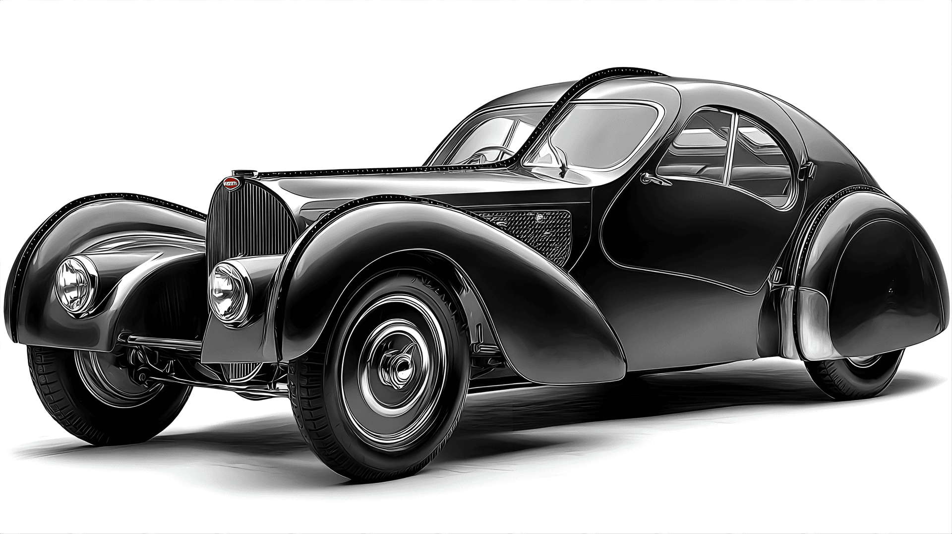 AI generated: classic 1938 Bugatti Type 57SC Atlantic, illustrated in a detailed clipart style, showcasing
its sw...