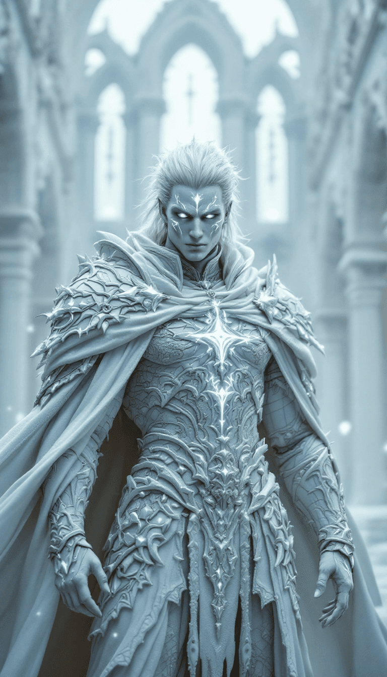 AI generated: all white, white final fantasy, male, mage, priest, white body skin, fantasy big white color full bo...