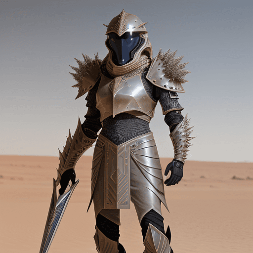 AI generated: Middle eastern male in futuristic armor in a desert on Mars-like planet, in the style of dark silver...