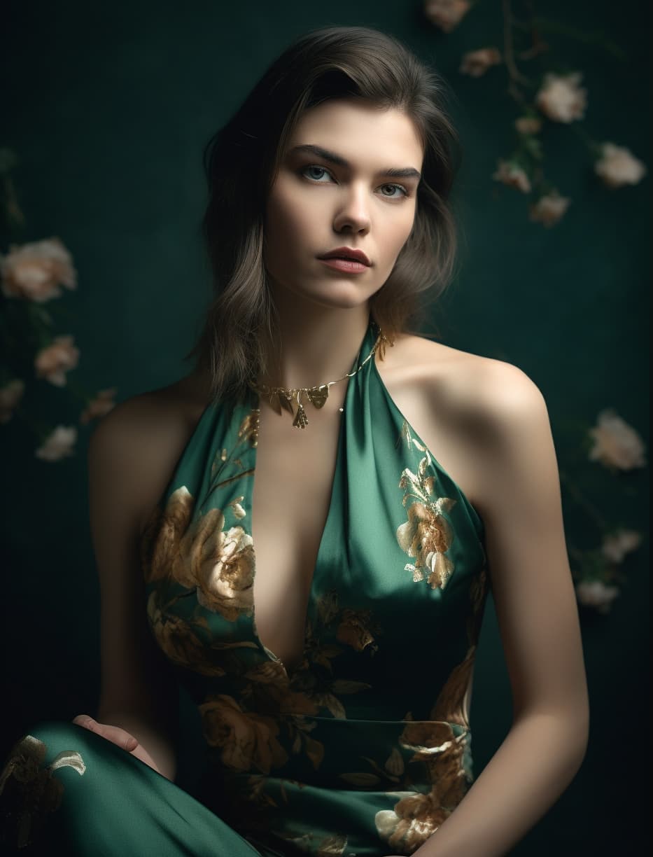 AI generated: a woman in a green dress posing for a picture, a colorized photo, inspired by Richard Avedon, tumblr...