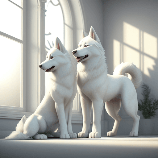 AI generated: A striking 3D image of a large white Siberian Husky and a smaller white dog with fluffy ears. Both d...