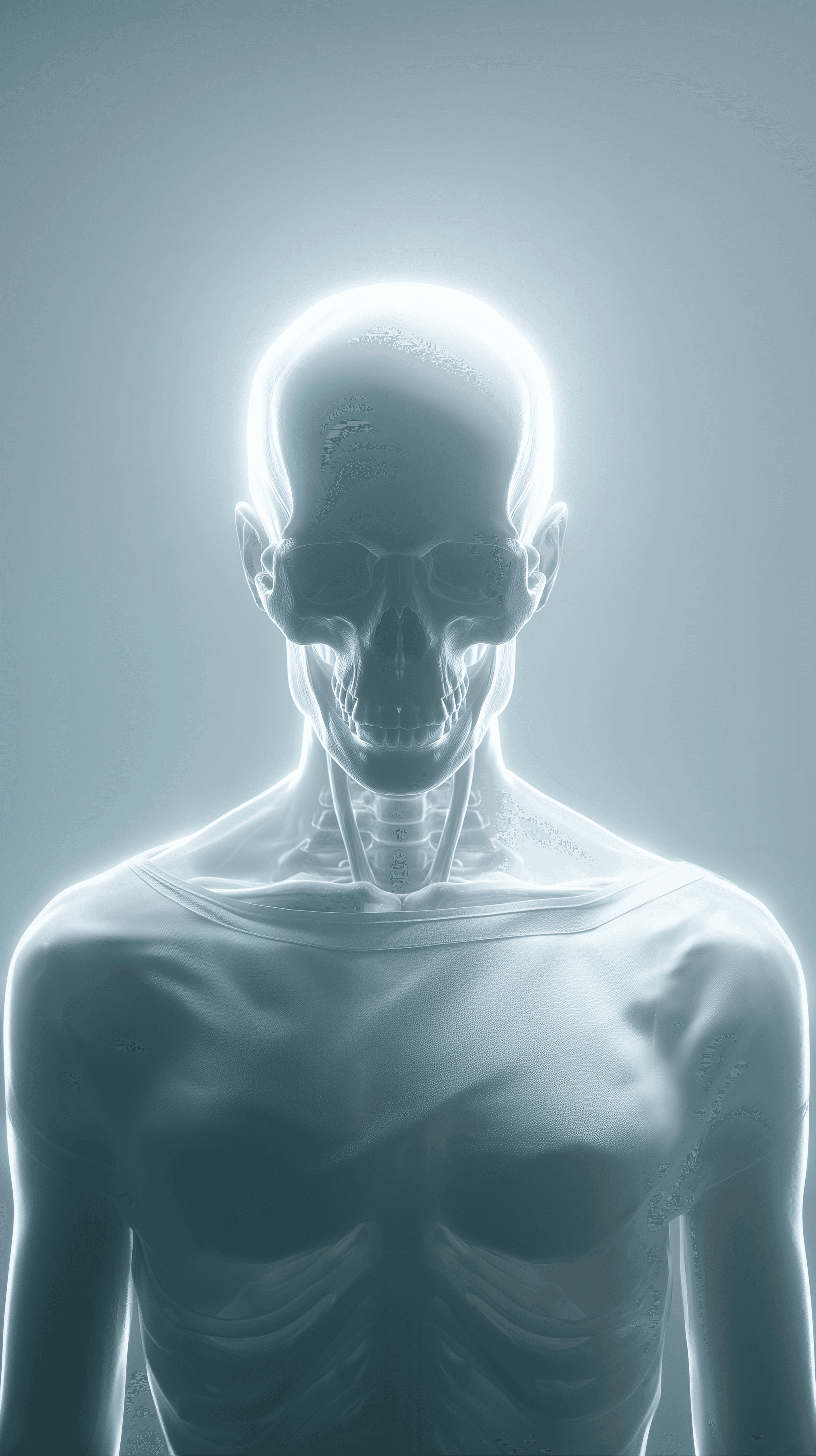 AI generated: surrealism, front, portrait of a human figure, upper body, transparent skin revealing skull, glowing...