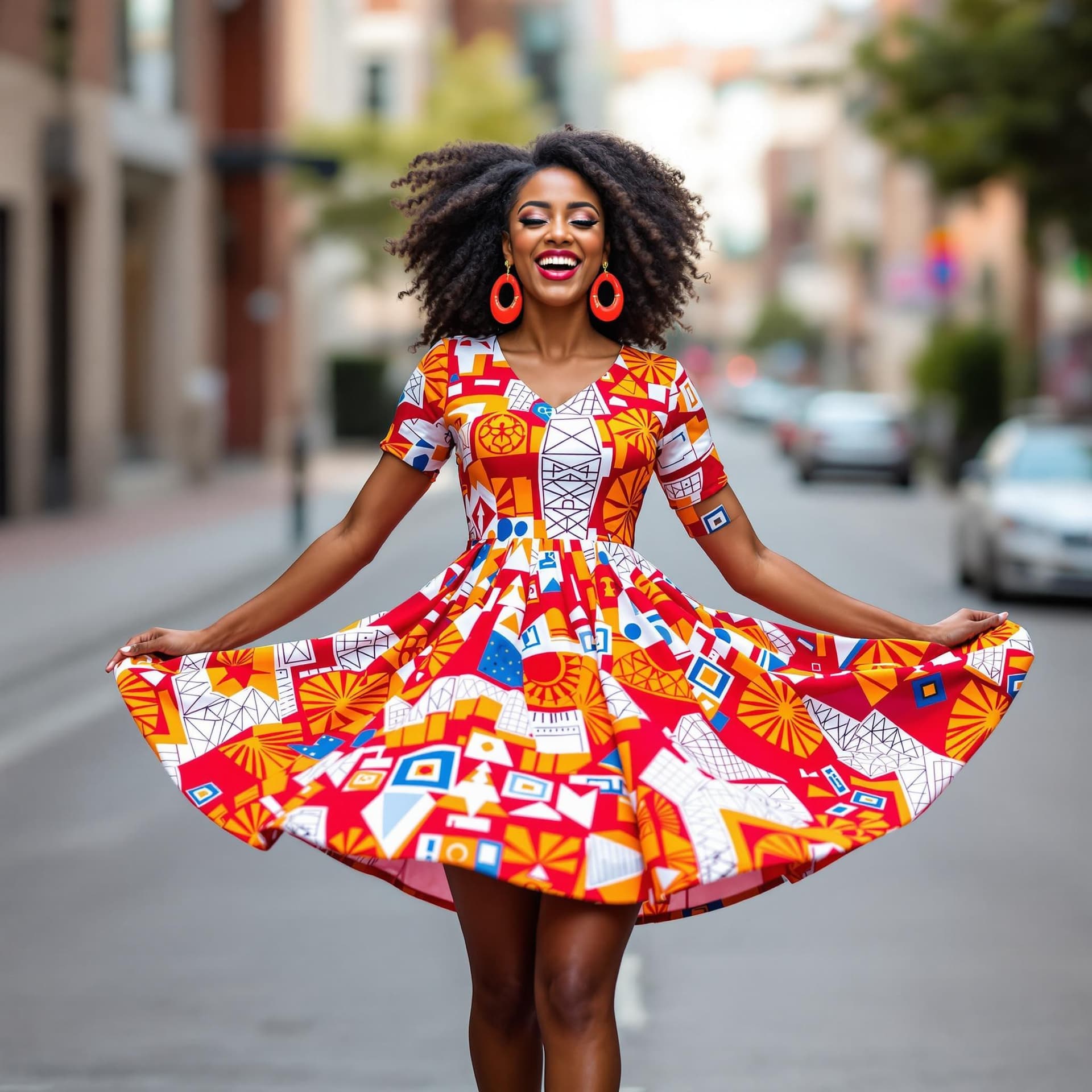 AI generated: The image depicts a joyful woman twirling in a vibrant red dress adorned with geometric patterns in ...