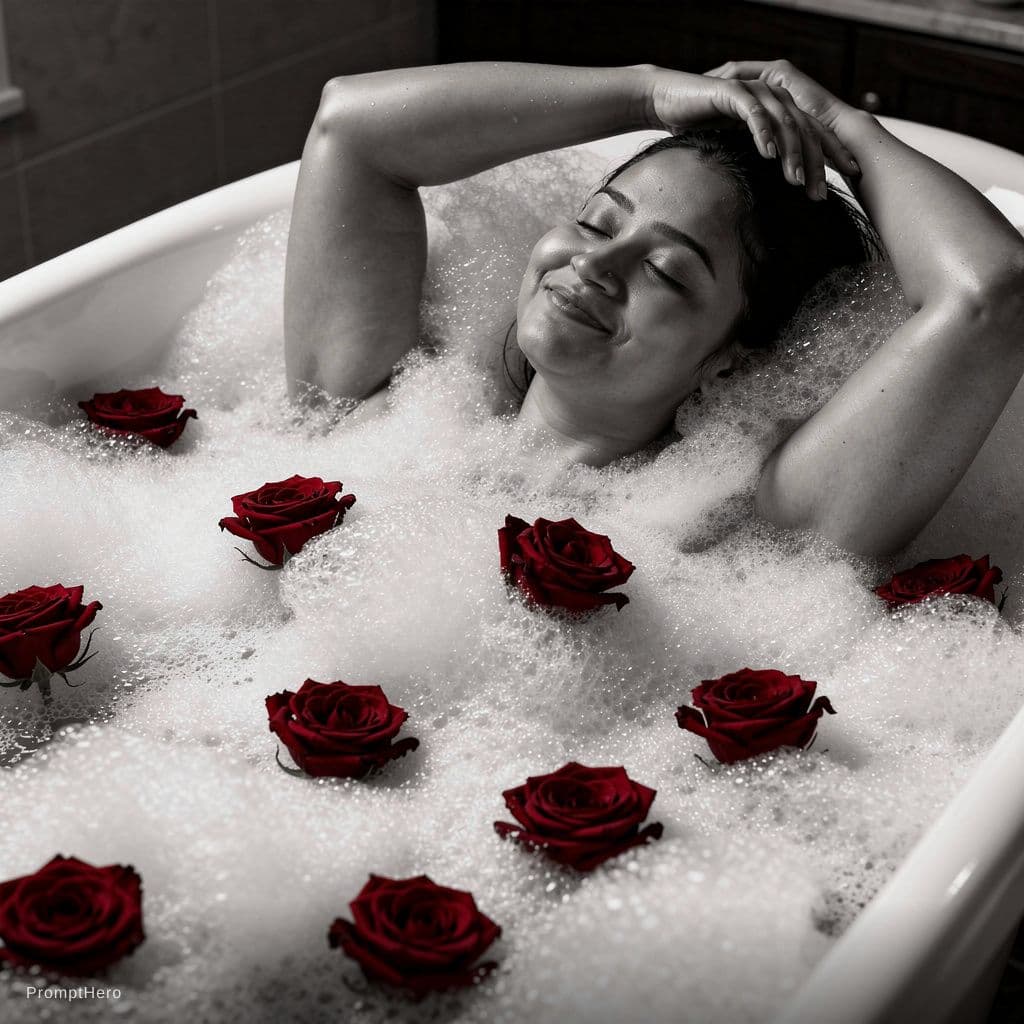 AI generated: A sensual, black and white photograph of a woman reclining in a luxurious bathtub filled with rich, ...