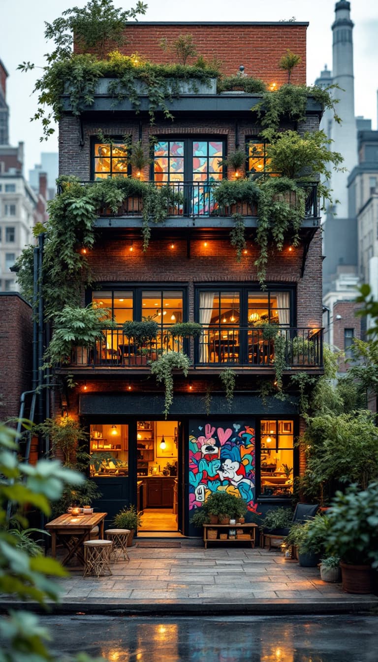 AI generated: Cozy apartment building, rustic brick fa\u00e7ade, industrial metal accents, reclaimed wood textures...