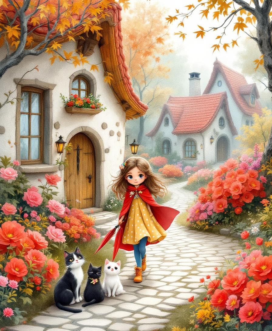 AI generated: A whimsical fairy-tale scene in soft, dreamy watercolor style: charming stone cottages with textured...