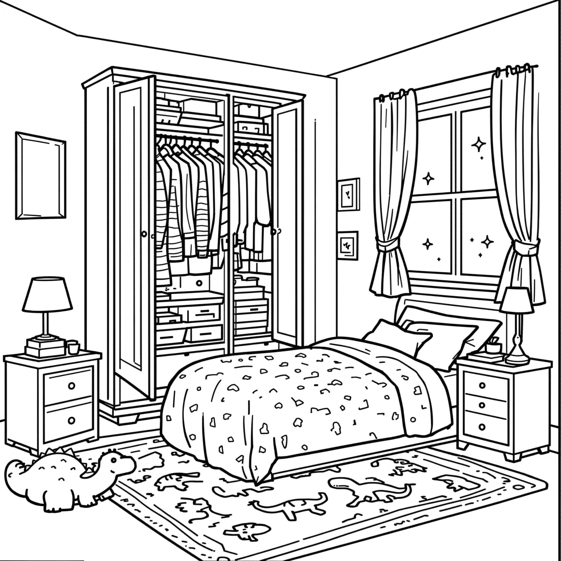 AI generated: Create a high-resolution black-and-white line drawing of a cozy bedroom with a wardrobe. Include det...