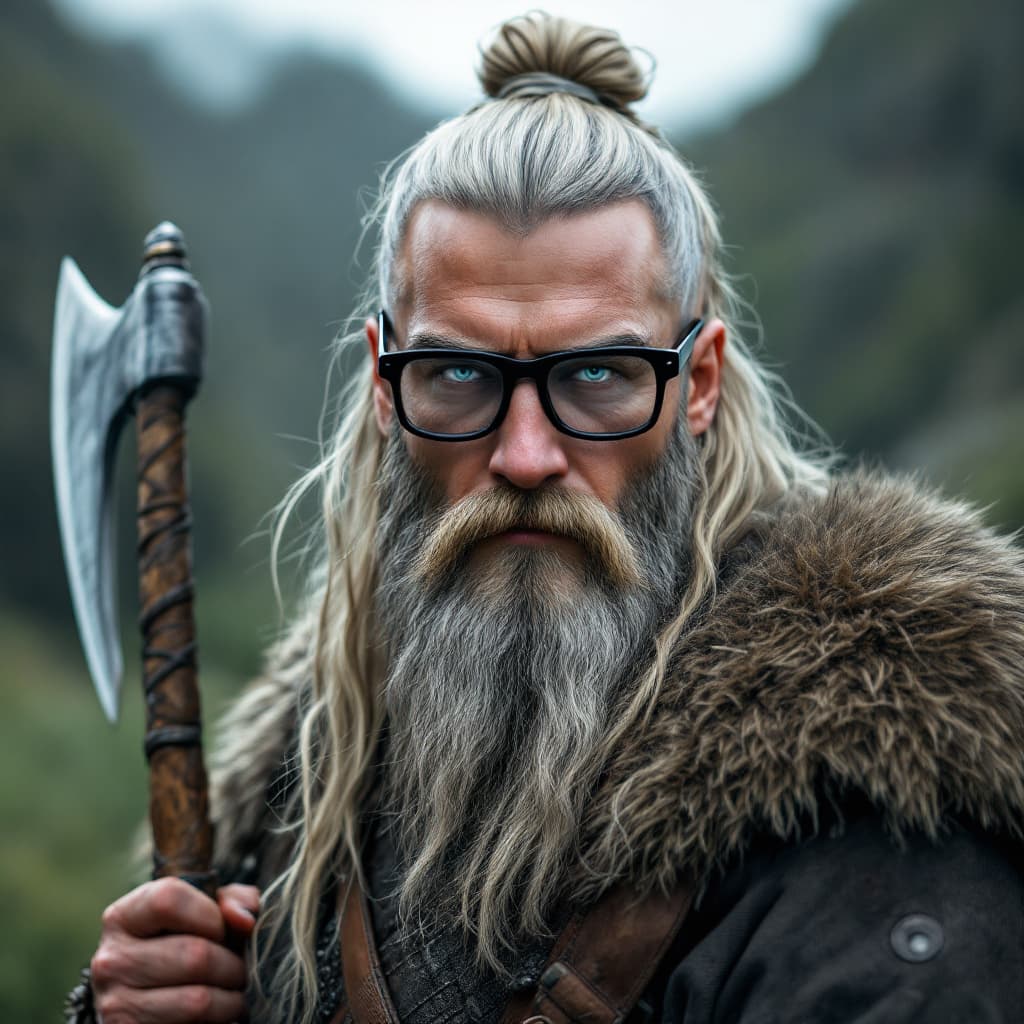 AI generated: Photo of a ultra realistic Viking with sword and axe, long hair gathered in a bun, ash blond hair, l...