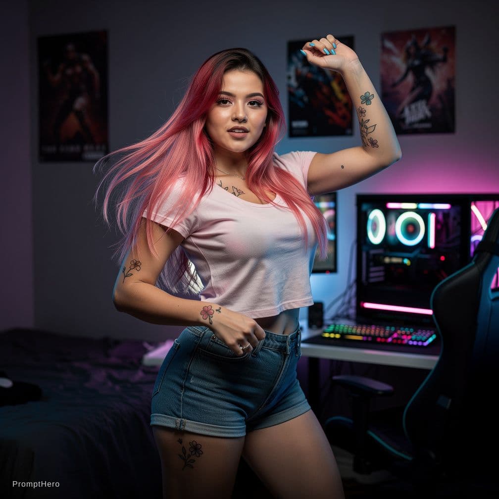 AI generated: ultra realistic, a gamer young woman with pink and red long hair, dancing a tik tok trend song, wear...